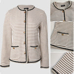 Women's Striped Knit Coat Contrast Binding Button Down Cardigan Round Neck Crop Blazer Coat with Pockets
