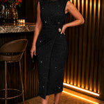 Women's Glitter Sleeveless Shoulder Pad Wrapped Slit Dress Twist Front Ruched Bodycon Evening Gown