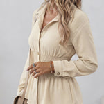 Women's Turn-down Collar Long Sleeve Button Front Blouse Shirred Waist Peplum Top