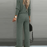 2 Pieces Outfit Button Decor V-Neck Long Sleeve Top and Elastic Waist Straight Leg Pants Set Casual Ribbed Set