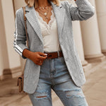 Women's Casual Knit Blazer Argyle Cable Jacquard Contrast Side Striped Coat Loose Fit Single Breasted Blazer