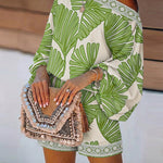 Women's Tropical Leaf Print 2 Piece Set Skew Neck Lantern Sleeve Top and Elastic Waist Shorts with Pockets & Lace
