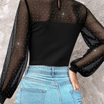 Rhinestone Decor Mock Neck Lantern Sleeve Sheer Mesh Spliced Tee Hollow-out Back Slim Fit Top