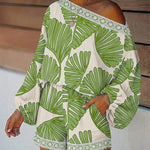 Women's Tropical Leaf Print 2 Piece Set Skew Neck Lantern Sleeve Top and Elastic Waist Shorts with Pockets & Lace