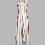 Women's V Neck Bow Tie Shoulder Striped Jumpsuit Casual Loose Wide Leg Overalls with Pockets