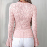 Women's Heart Jacquard Overlap V Neck Top Flare Long Sleeve Side Button Ruched Blouse Slim Fit Wrap Top