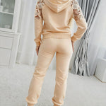 2 Pieces Outfit Guipure Lace Spliced Kangaroo Pocket Drawstring Hoodie Sweatshirt and Drawstring Elastic Waist Jogger Sweatpants Set