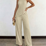 Women's Textured 2 Piece Outfits Halter Neck Backless Sleeveless Asymmetric Top and High Waist Wide Leg Pants Set