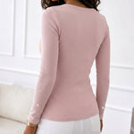 Women's Rhinestone Embellished Ribbed Long Sleeve Layering Top Slim Fit U-Neck Knit Tee Elegant Stretchy Pullover