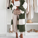 Women's Checkerboard Knit Cardigan Oversized Long Chunky Sweater Loose Lantern Sleeve Coat with Pockets