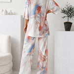 Women's 2 Piece Marble Print Pajama Set Half Sleeve Side Slit Top and Straight Leg Pants Casual Loungewear