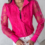Women's Elegant Mesh Patchwork Shirt Floral Embroidery Stand Collar Pearl Button Long Sleeve Blouse