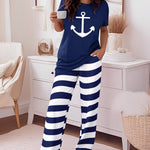 2 Pieces Outfit Anchor Pattern Short Sleeve Top and Striped Elastic Waist Pants Set Casual Pajamas Set