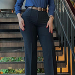 Zipper Fly High Waist Straight Leg Work Trousers Casual Elastic Back Waist Seam Front Business Pants