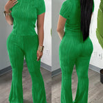 2 Pieces Outfit Round Neck Short Sleeve Crop Top and Elastic Waist Flared Pants Set Slim Fit Textured Set (Multiple Colors Available)