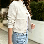 Women's Vintage Argyle Cable Knit Bomber Jacket Elegant Baseball Collar Button Down Cropped Coat with Flap Pockets