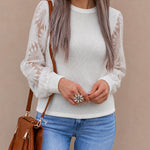 Women's Crewneck Long Sleeve Lace Sunflower Patchwork Waffle Knit Top