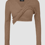 Chicme Built In Bra Notch Neck Long Sleeve Shirts Rib Knit Ruched Waist Top