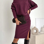 2 Pieces Outfit Skew Neck Batwing Sleeve Top and Side Slit Skirt Set Casual Ribbed Set