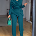 Cowl Neck Asymmetrical Textured Patchwork Cinched Waist Jumpsuit Casual Zipper Back Wide Leg Jumpsuit