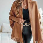 Tassel Design Long Sleeve Slit Cardigan Fashion Versatile Warm Cape Shawl