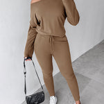 2 Pieces Outfit Long Sleeve Skew Neck Pullover Top and Drawstring Elastic Waist Slim Fit Pants Set