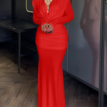 Cowl Neck Ruched Zipper Back Slim Fit Maxi Dress Casual Padded Shoulders Backless Evening Dress