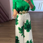 2 Pieces Outfit Long Sleeve Satin Blouse and Casual Floral Print High Waist Wide Leg Pants Set