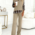 Vintage Plaid Print Spliced Turn-down Collar Long Sleeve Faux Two-Piece Top and Elastic Waist Pants Set Casual Ribbed Brushed Commuting Set