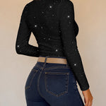Women's Sparkle Glitter V Neck Long Sleeve Top Ruched Lace Trim Tee