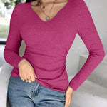 Chicme Built In Bra Notch Neck Long Sleeve Shirts Rib Knit Ruched Waist Top