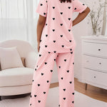 Valentine's Day 2 Pieces Outfit Round Neck Short Sleeve Top and Elastic Waist Pants Set Casual Heart Print Loose Fit Pajamas Set