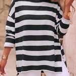 Women's Striped T Shirt Long Sleeve Drop Shoulder Crewneck Tee Side Slit Casual Loose Fit Top