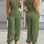 2 Pieces Outfits Sleeveless High Neck Cargo Pockets Design Top And Casual Cuffed Long Pants Set