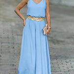 2 Pieces Outfit V-Neck Shoulder Bowknot Design Sleeveless Tank Top and Casual Zipper Fly Elastic Back Waist Wide Leg Pants Set without Belt