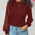 Contrast Lace Round Neck Lantern Sleeve Ruched Blouse Elegant Shirt