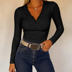 Women's Lace V Neck Ruched T Shirt Slim Fit Long Sleeve Tee Casual Elegant Top