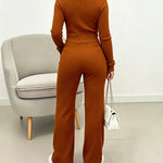 Women's Three Piece Knit Outfit Collared Two Way Zipper Coat and V Neck Tank Top and Bootcut Pants Ribbed Set