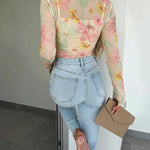 Women's French Style Watercolor Floral Print Mesh Top Long Sleeve Sheer Blouse See Through Slim Fit Tee with Thumbholes