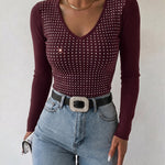Women's V Neck Rhinestone Top Long Sleeve Ribbed Knit Tee Slim Fit Pullover Casual Base Layering Top