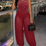 Women's Rhinestone Cutout Jumpsuit Sleeveless Sheer Chiffon Lantern Leg Overalls