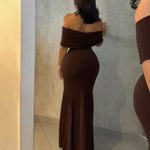 Foldover Off Shoulder Ruched Cinched Waist Minimalist Evening Dress Slim Fit Mermaid Hem Party Dress