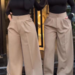 Stylish Plain High Waist Adjustable Button Pants Casual Back Shirred Wide Leg Pants with Pockets