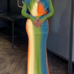 Tie Dye Print Cowl Neck Long Sleeve Backless Maxi Dress Slim Fit Zipper Back Ruched Mermaid Hem Evening Dress