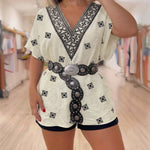 Vintage Baroque Print Off Shoulder Split Sleeve Convertible Shoulder Casual Top with Bandeau