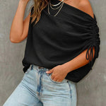 Skew Neck Drawstring Sleeve Loose Fit Casual Top