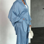 2 Pieces Outfit Turn-down Collar Long Sleeve Button Front Curved Hem Top and Drawstring Elastic Waist Pants Set
