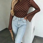Women's Polka Dot Mesh Top Flare Long Sleeve Boat Neck Lined Asymmetric Frill Hem Blouse Vintage Party Shirt