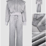 2 Pieces Outfit Long Sleeve Crop Drawstring Hoodie Sweatshirt with Thumb Hole Cuffs and Casual Drawstring Elastic Waist Wide Leg Sweatpants Set