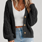 Women's Cable Knit Cardigan V Neck Button Down Chunky Knit Sweater Loose Lantern Sleeve Warm Outerwear